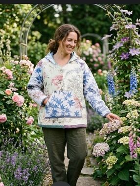 Upcycled Quilt Blanket Hoodie L-XL Blue Floral Handmade Dont Throw It Out